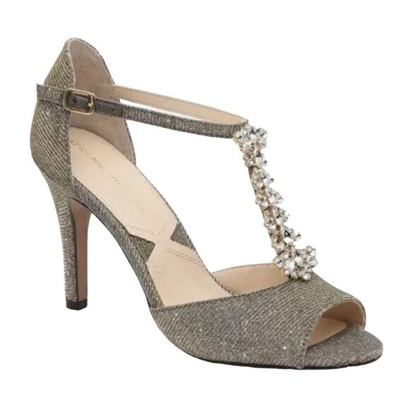 Adrienne Vittadini Gina gold glitter T strap open toe high heels size 7 - Picture 1 of 16